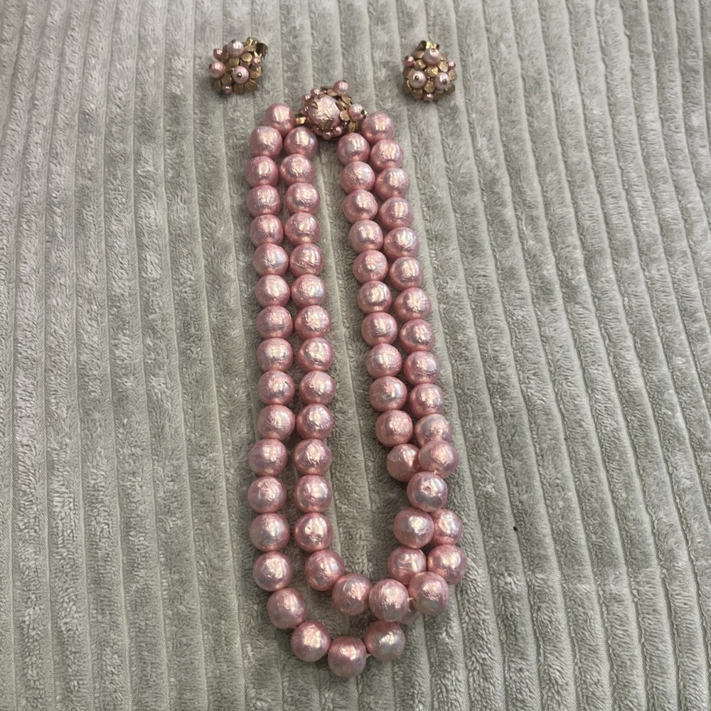 Vintage Double Strand Faux Pearl Necklace Pink Gold Accents & Clip On Earrings